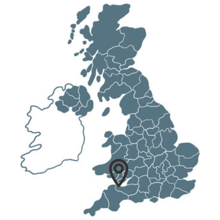 A map of Great Britain, with a pin showing the approximate location of Bossington Hall in the south west