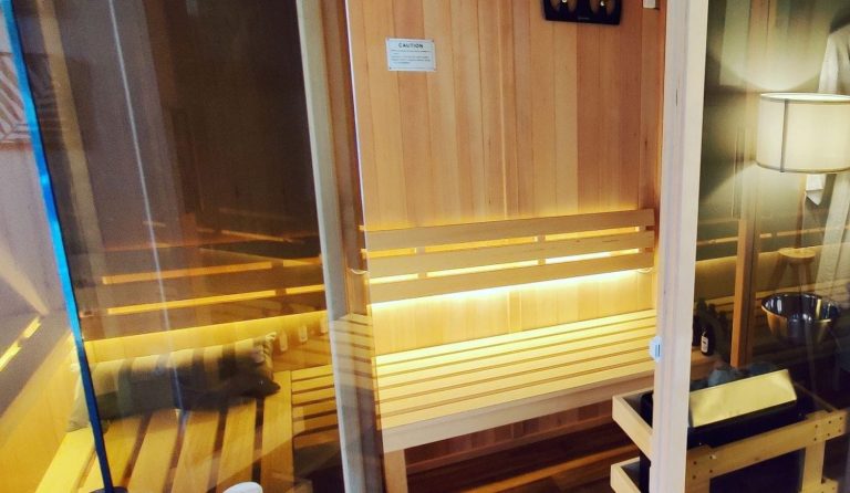 sauna with lights on