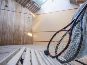 squash court with raquets